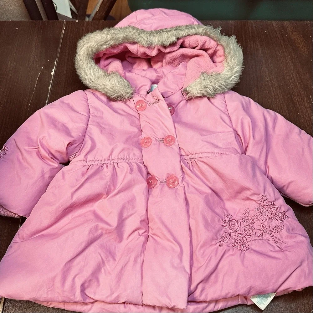The Children's Place Pink Floral Puffer Coat Faux Fur Hood Girls 6-9 Mo Y2K VGC